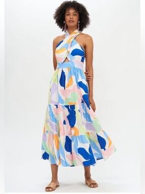 Oliphant halter maxi Cross-Halter Tiered Midi Dress in Multi Pastel Print
